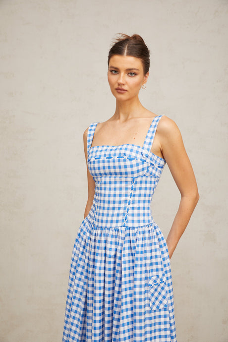 Aurohaya Diane blue gingham midi dress