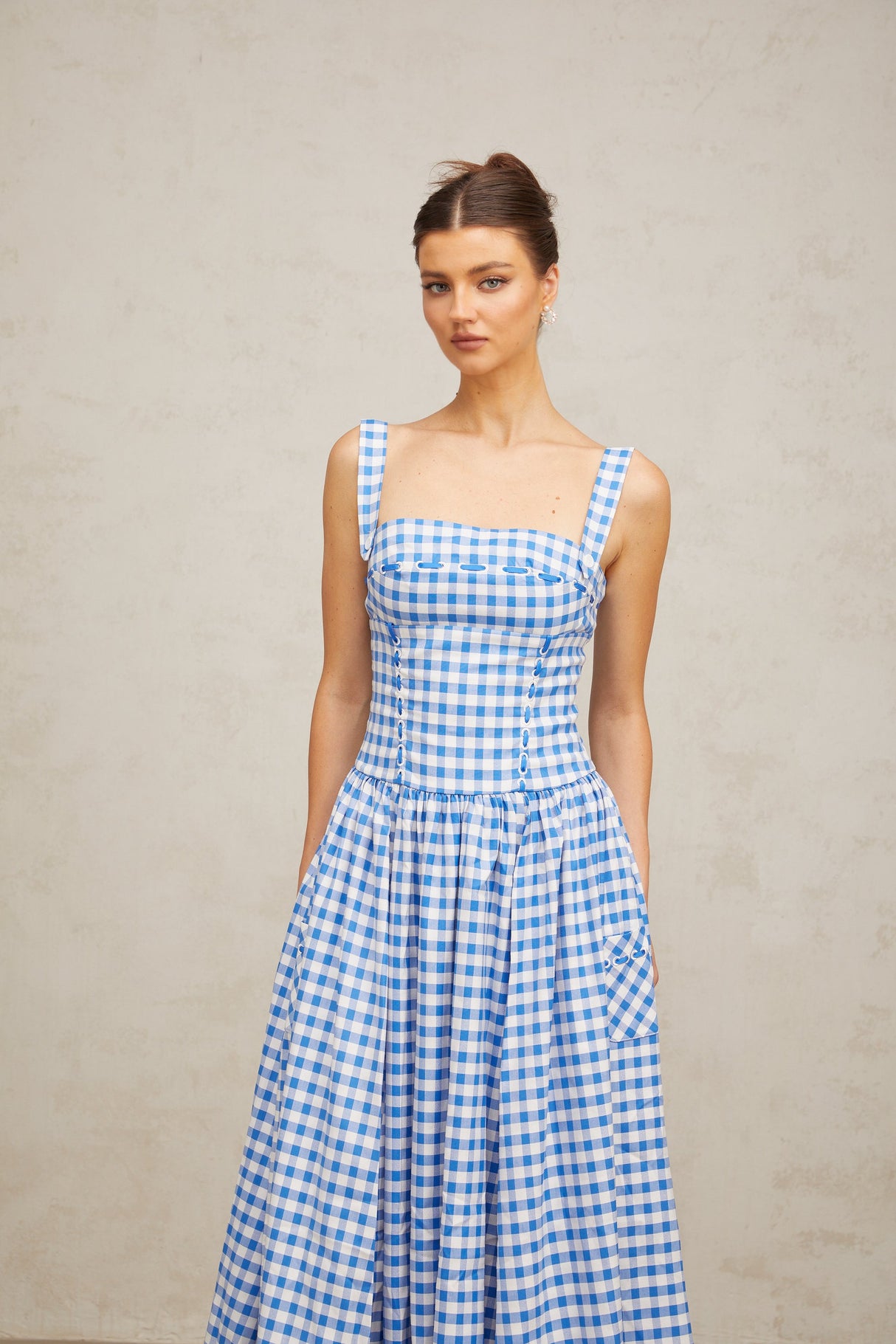 Aurohaya Diane blue gingham midi dress