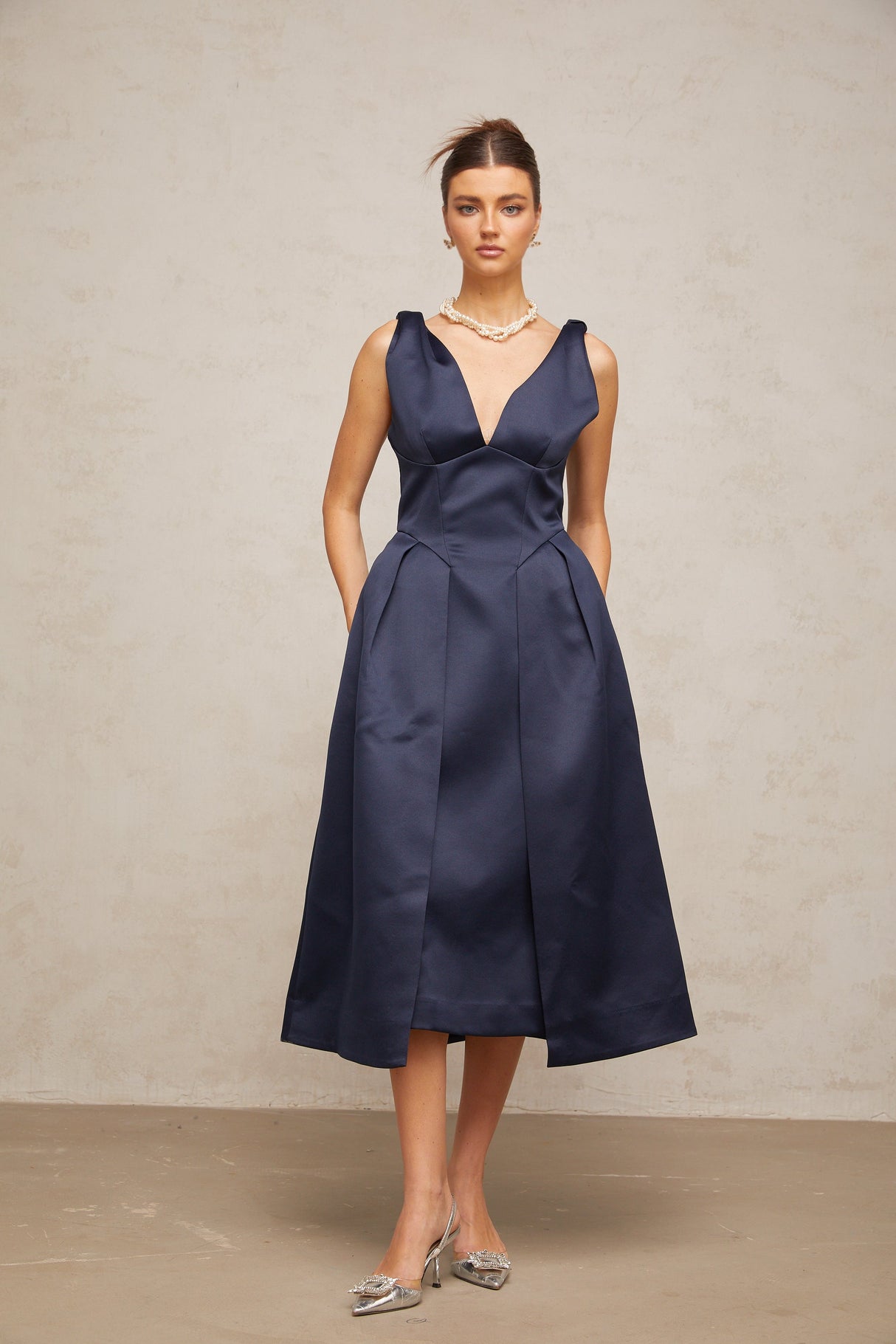 Aurohaya Chantale blue twist-detail satin midi dress