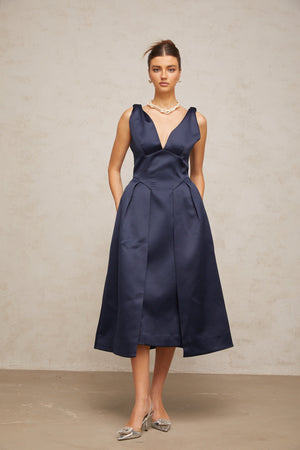 Aurohaya Chantale blue twist-detail satin midi dress