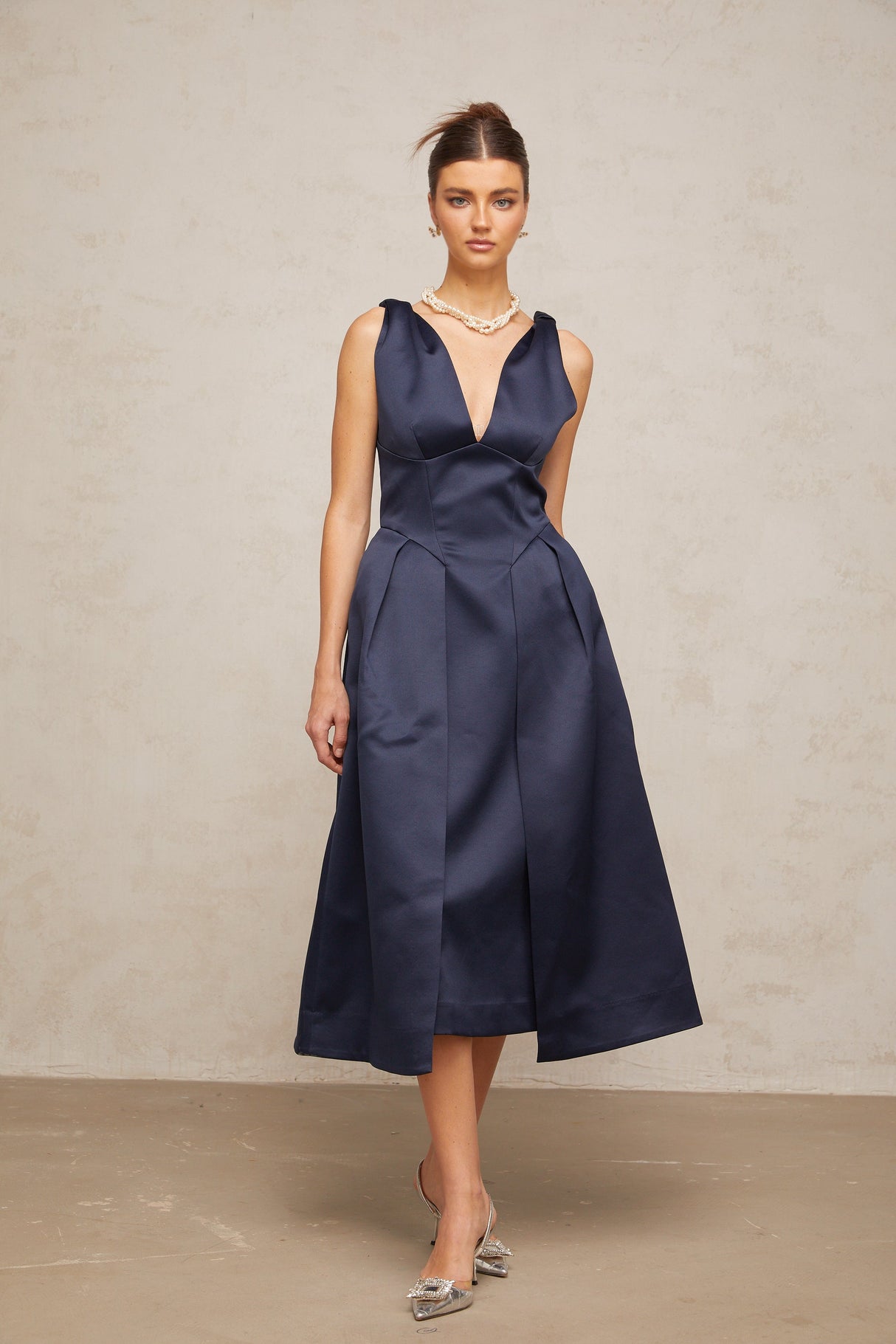Aurohaya Chantale blue twist-detail satin midi dress