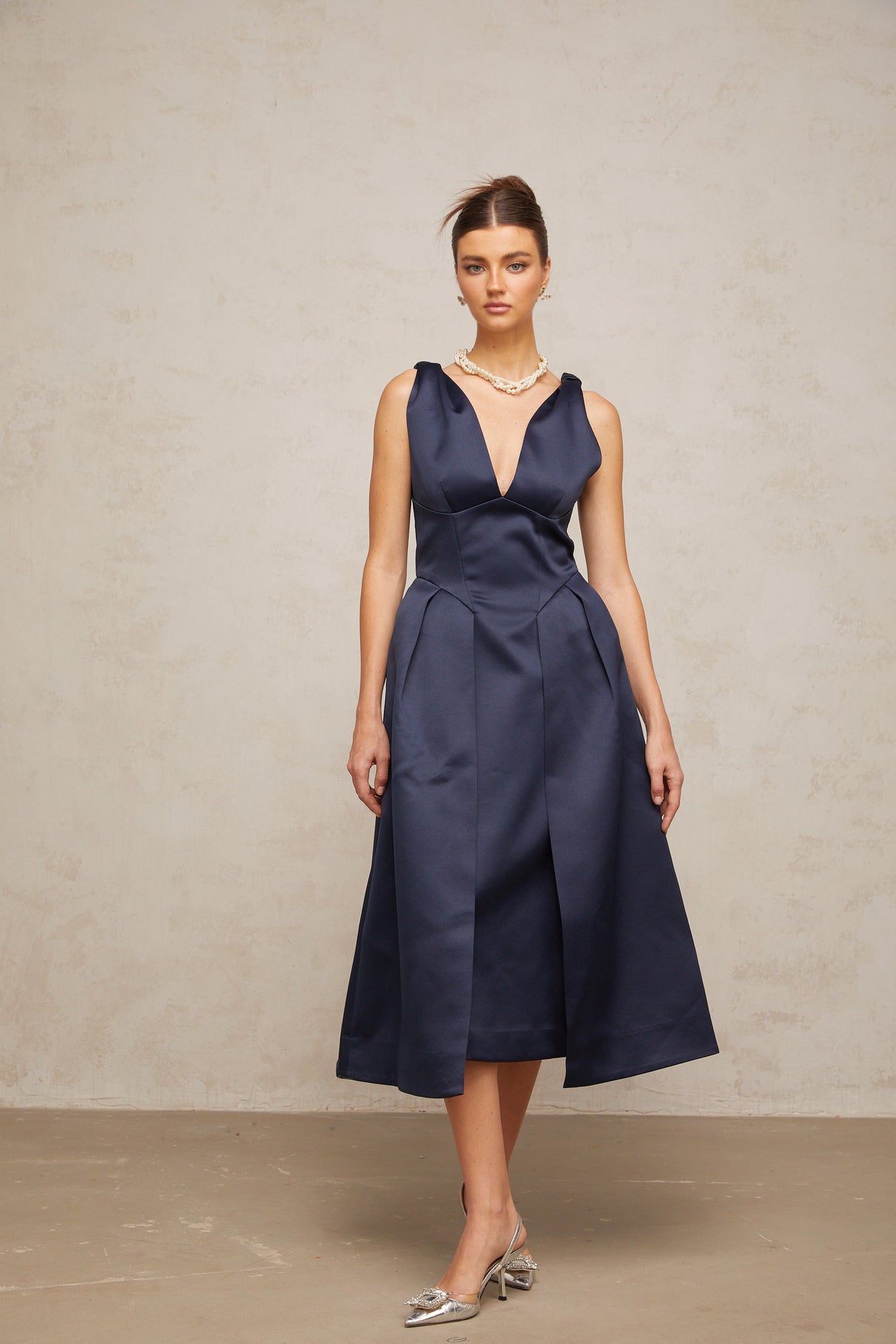 Aurohaya Chantale blue twist-detail satin midi dress