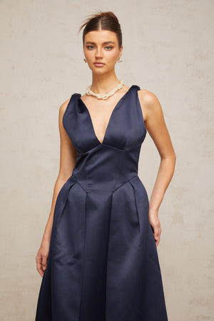 Aurohaya Chantale blue twist-detail satin midi dress