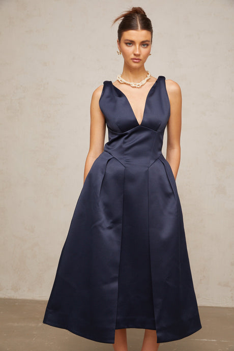 Aurohaya Chantale blue twist-detail satin midi dress