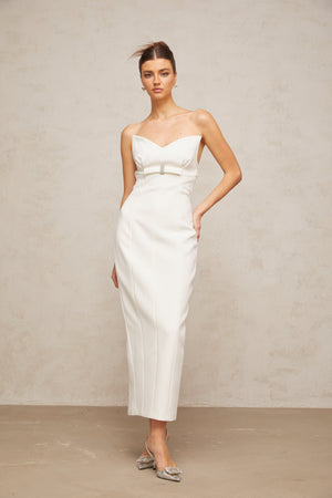Aurohaya Isaline white corset bow-detail midi dress