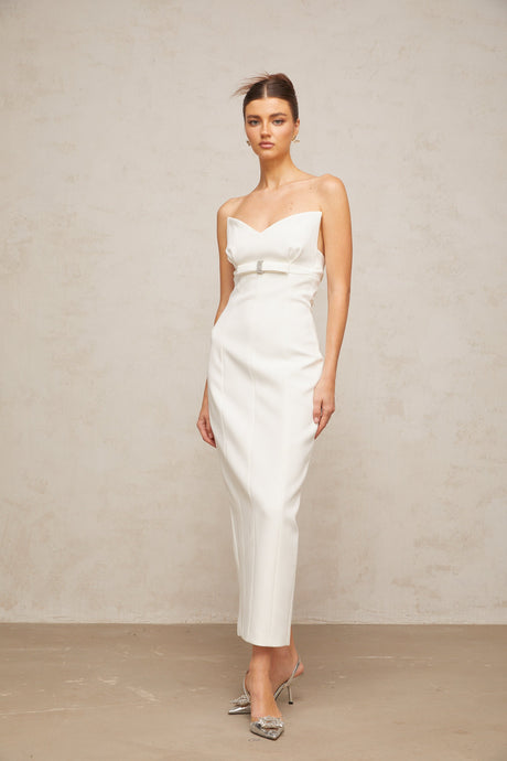 Aurohaya Isaline white corset bow-detail midi dress