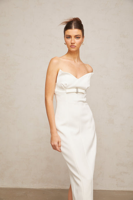 Aurohaya Isaline white corset bow-detail midi dress