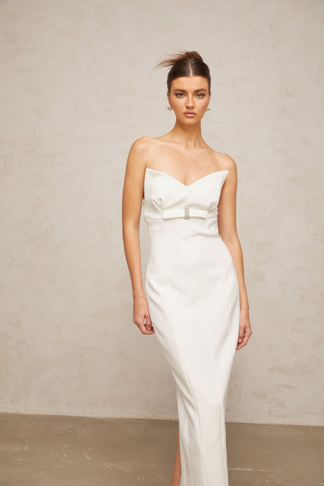 Aurohaya Isaline white corset bow-detail midi dress