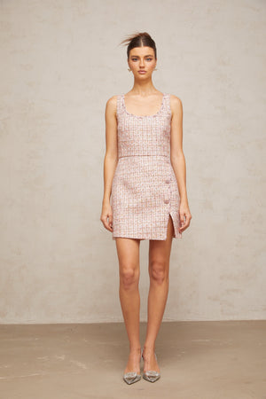 Aurohaya Aoife pink embellished tweed mini dress