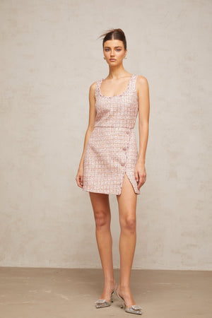Aurohaya Aoife pink embellished tweed mini dress