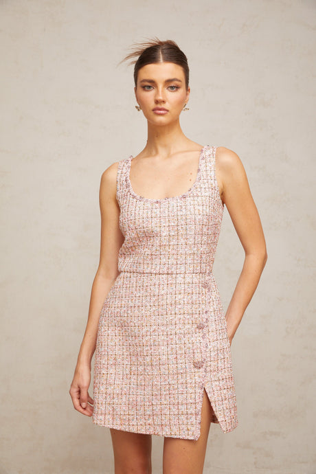 Aurohaya Aoife pink embellished tweed mini dress