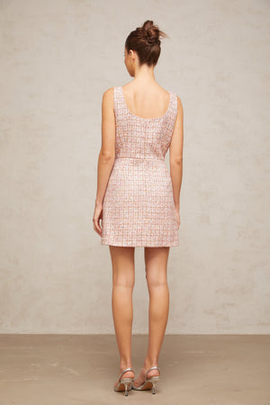 Aurohaya Aoife pink embellished tweed mini dress