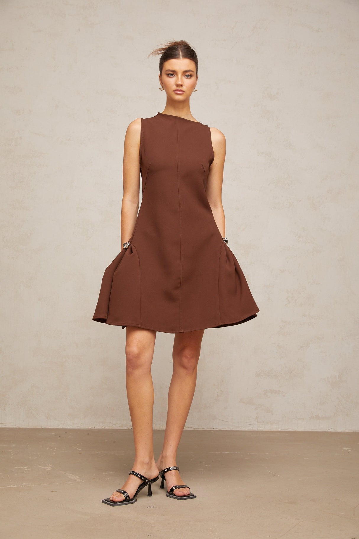 Aurohaya Dora brown asymmetrical-neck puff mini dress