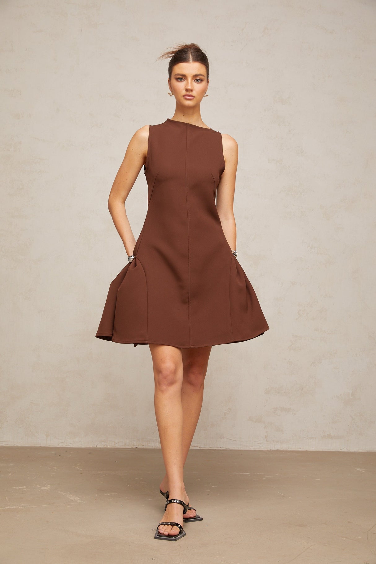 Aurohaya Dora brown asymmetrical-neck puff mini dress
