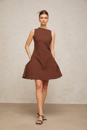 Aurohaya Dora brown asymmetrical-neck puff mini dress
