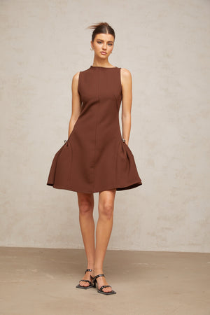 Aurohaya Dora brown asymmetrical-neck puff mini dress