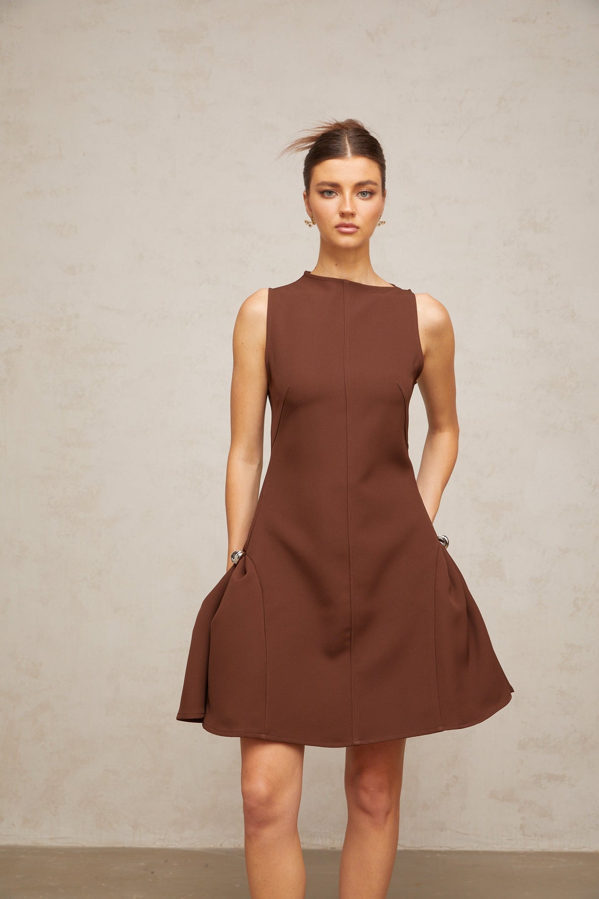 Aurohaya Dora brown asymmetrical-neck puff mini dress