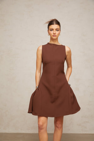 Aurohaya Dora brown asymmetrical-neck puff mini dress