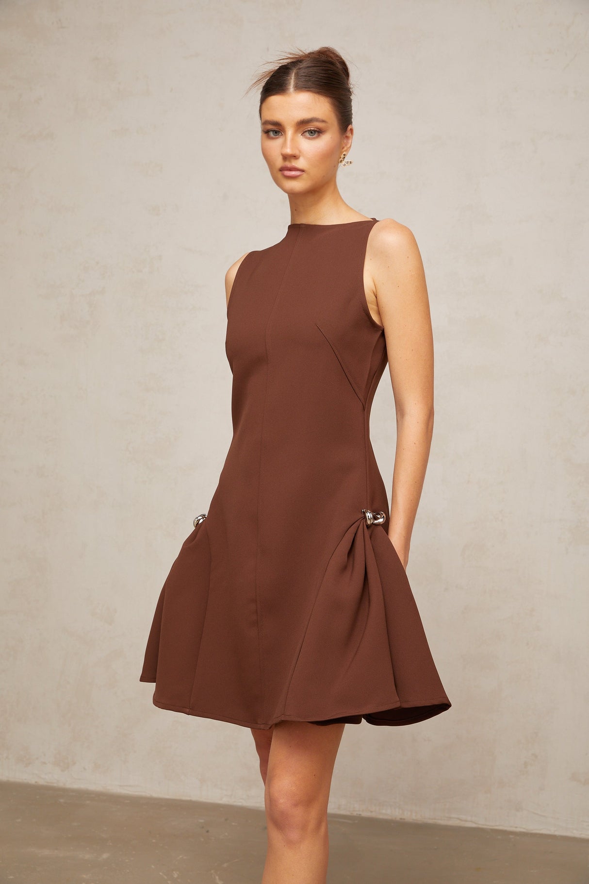 Aurohaya Dora brown asymmetrical-neck puff mini dress