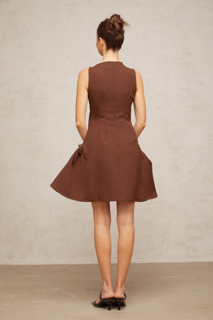 Aurohaya Dora brown asymmetrical-neck puff mini dress