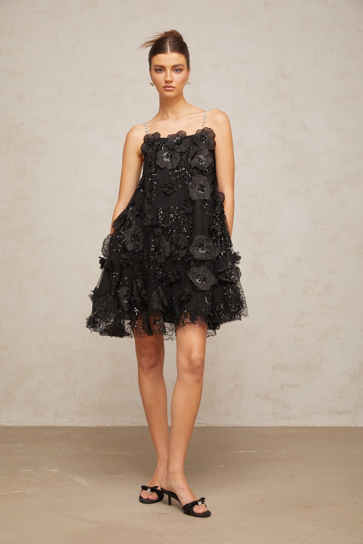 Aurohaya Suzette crystal-embellished floral mini dress in Black