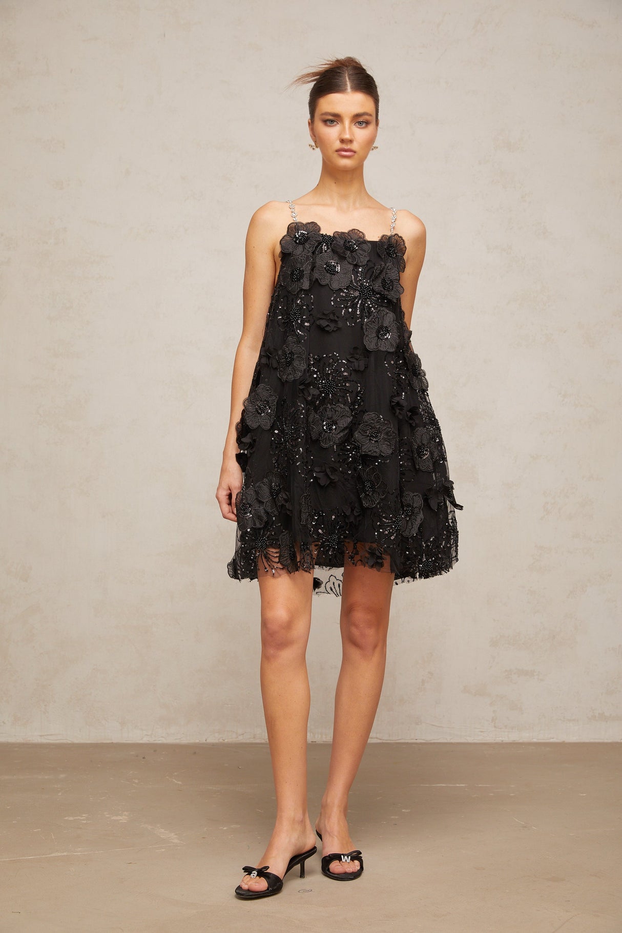 Aurohaya Suzette crystal-embellished floral mini dress in Black
