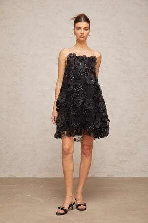 Aurohaya Suzette crystal-embellished floral mini dress in Black