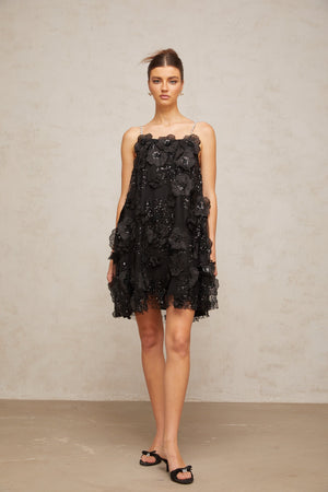 Aurohaya Suzette crystal-embellished floral mini dress in Black