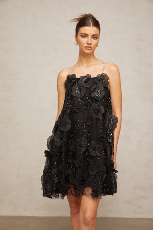 Aurohaya Suzette crystal-embellished floral mini dress in Black
