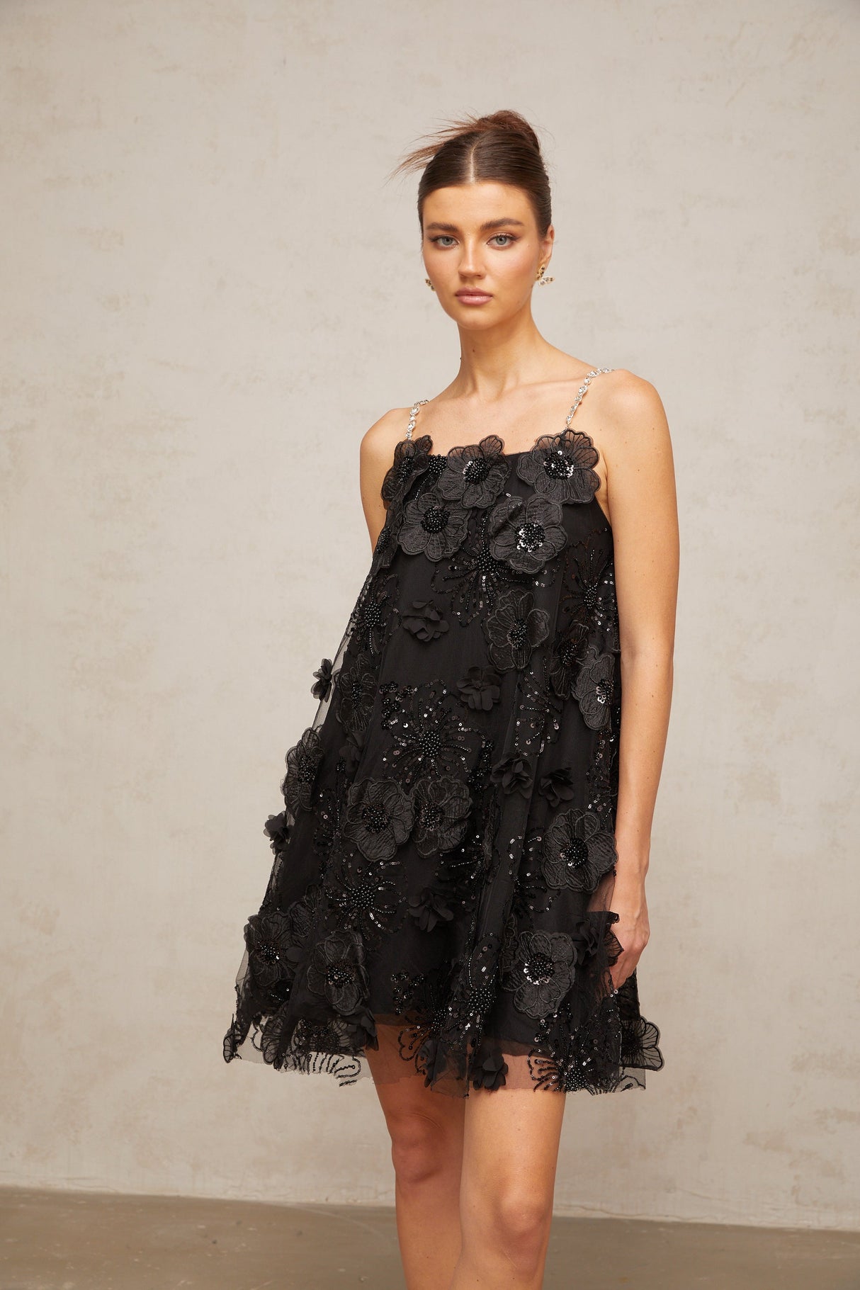 Aurohaya Suzette crystal-embellished floral mini dress in Black