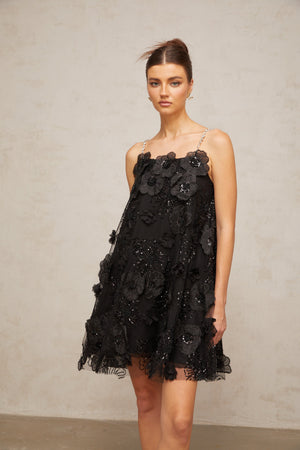 Aurohaya Suzette crystal-embellished floral mini dress in Black