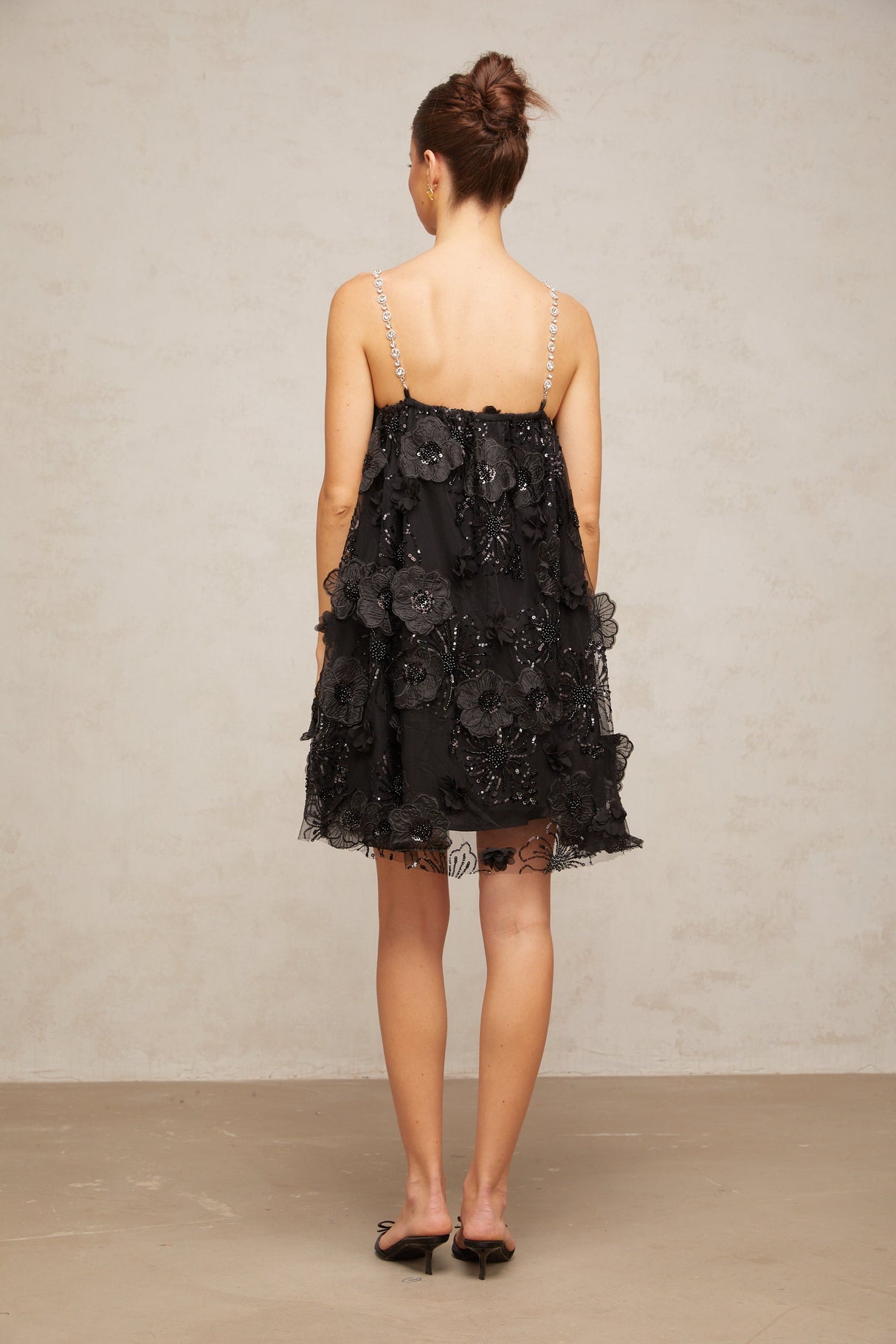 Aurohaya Suzette crystal-embellished floral mini dress in Black