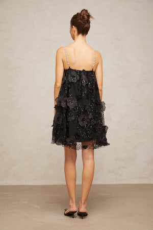 Aurohaya Suzette crystal-embellished floral mini dress in Black
