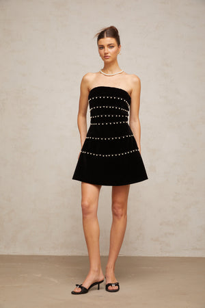 Aurohaya Camille black faux-pearl velvet mini dress