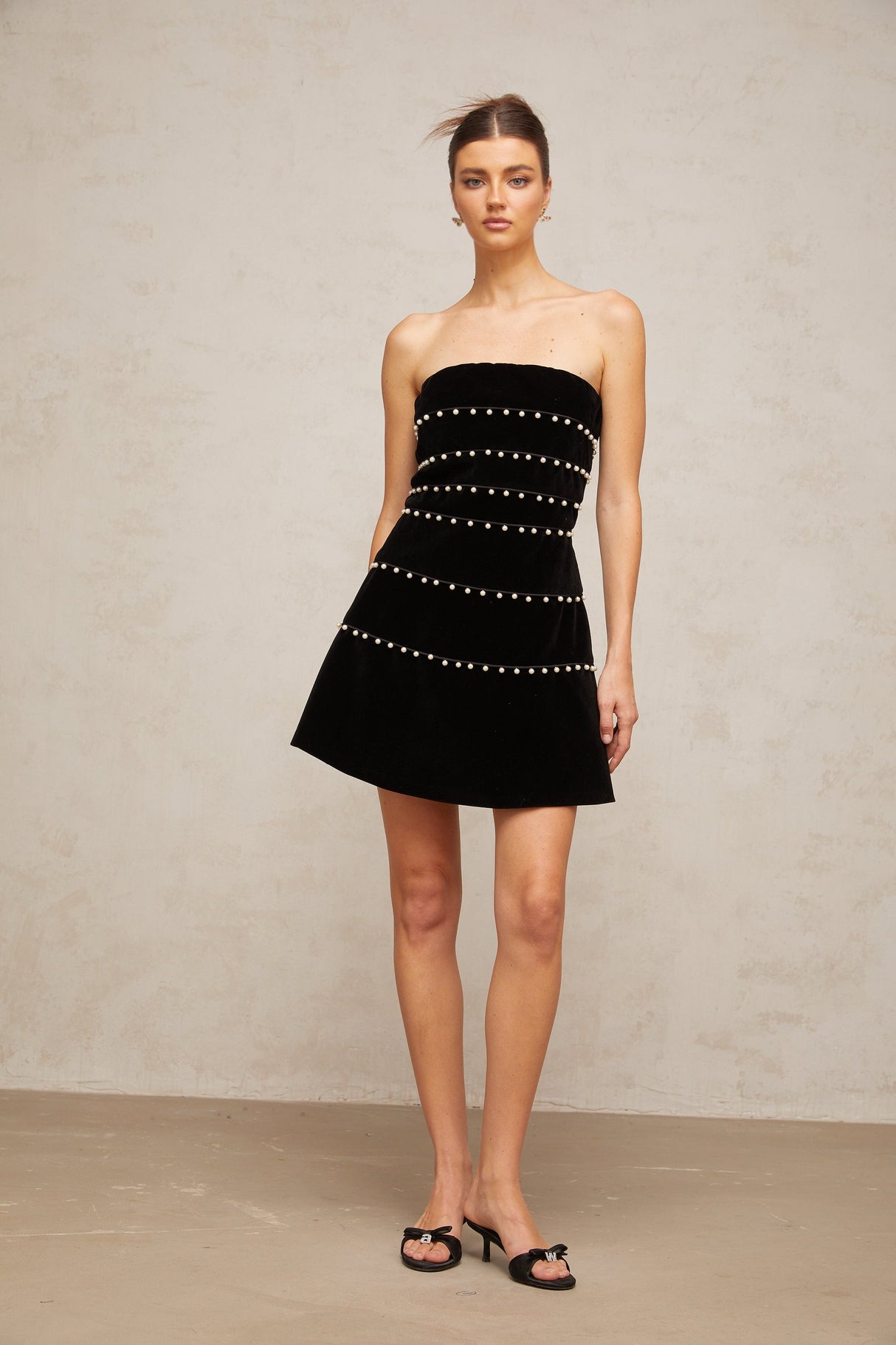 Aurohaya Camille black faux-pearl velvet mini dress