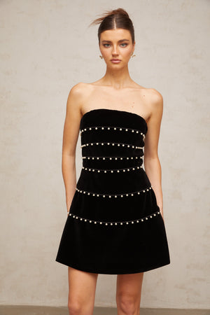 Aurohaya Camille black faux-pearl velvet mini dress