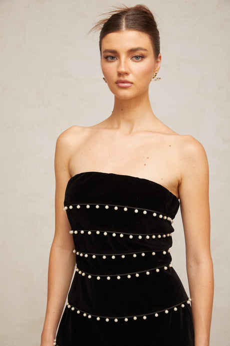 Aurohaya Camille black faux-pearl velvet mini dress