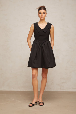 Aurohaya Sandrine black lapel puff mini dress
