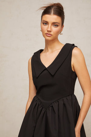 Aurohaya Sandrine black lapel puff mini dress