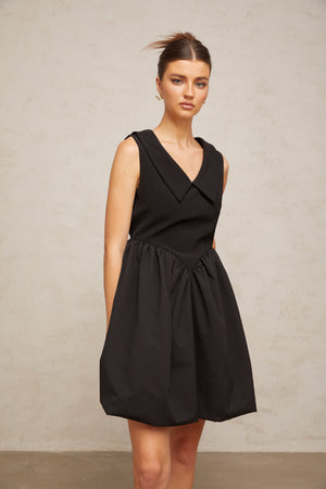 Aurohaya Sandrine black lapel puff mini dress