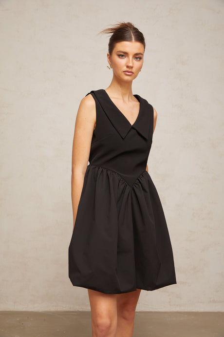 Aurohaya Sandrine black lapel puff mini dress