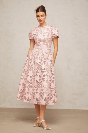 Aurohaya Vérane pink guipure-lace midi dress