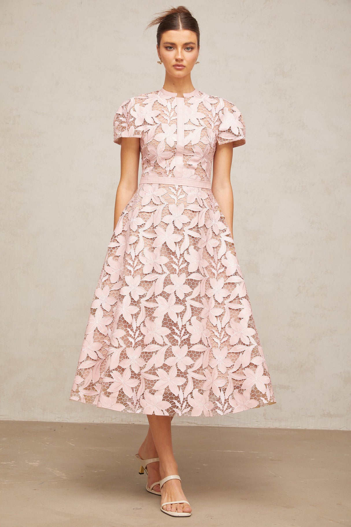 Aurohaya Vérane pink guipure-lace midi dress