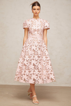 Aurohaya Vérane pink guipure-lace midi dress