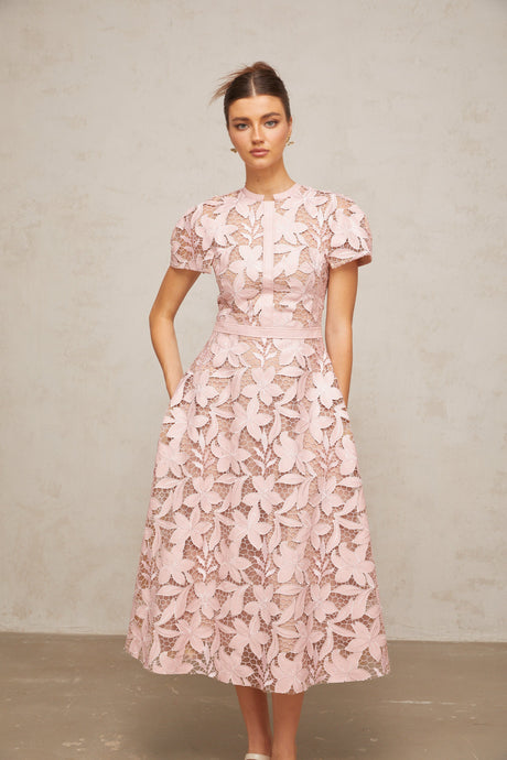 Aurohaya Vérane pink guipure-lace midi dress