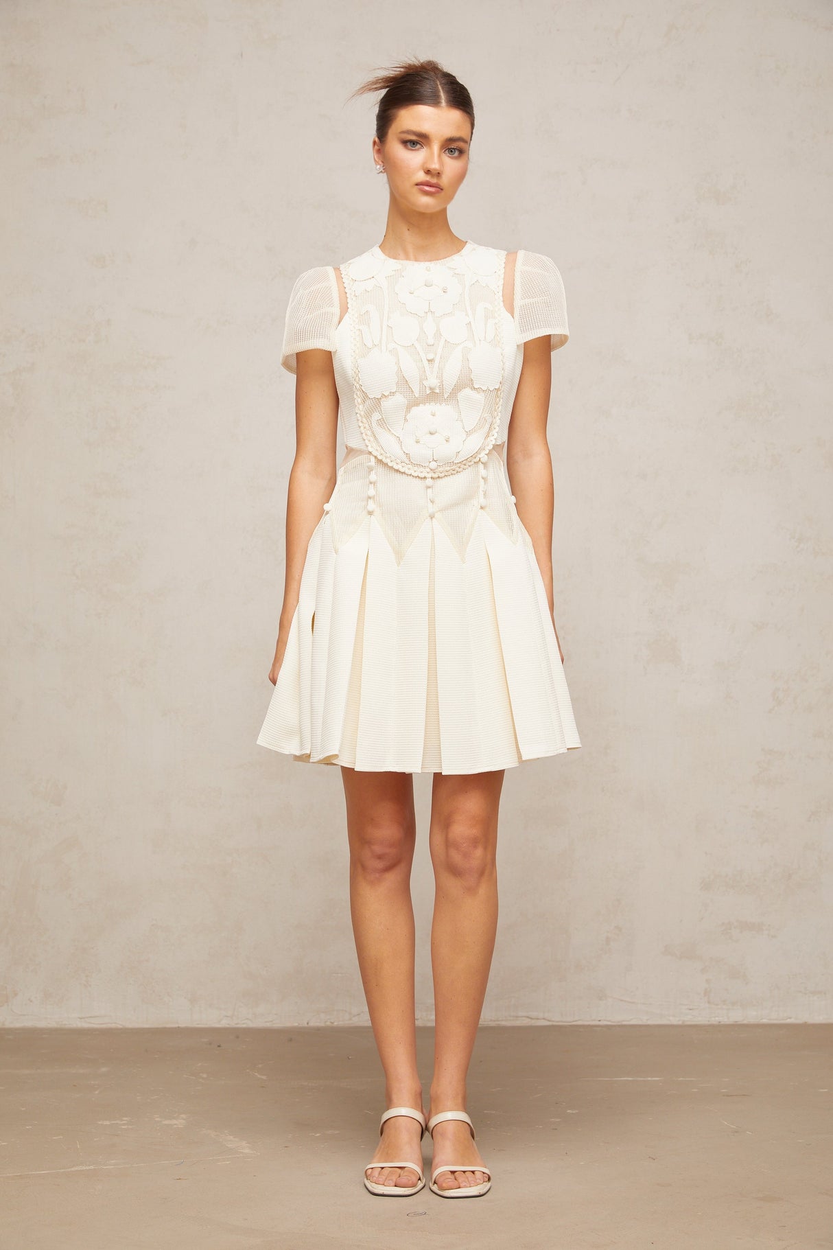 Aurohaya Maelle white flower-embroidered mini dress