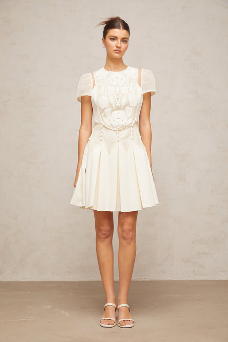 Aurohaya Maelle white flower-embroidered mini dress