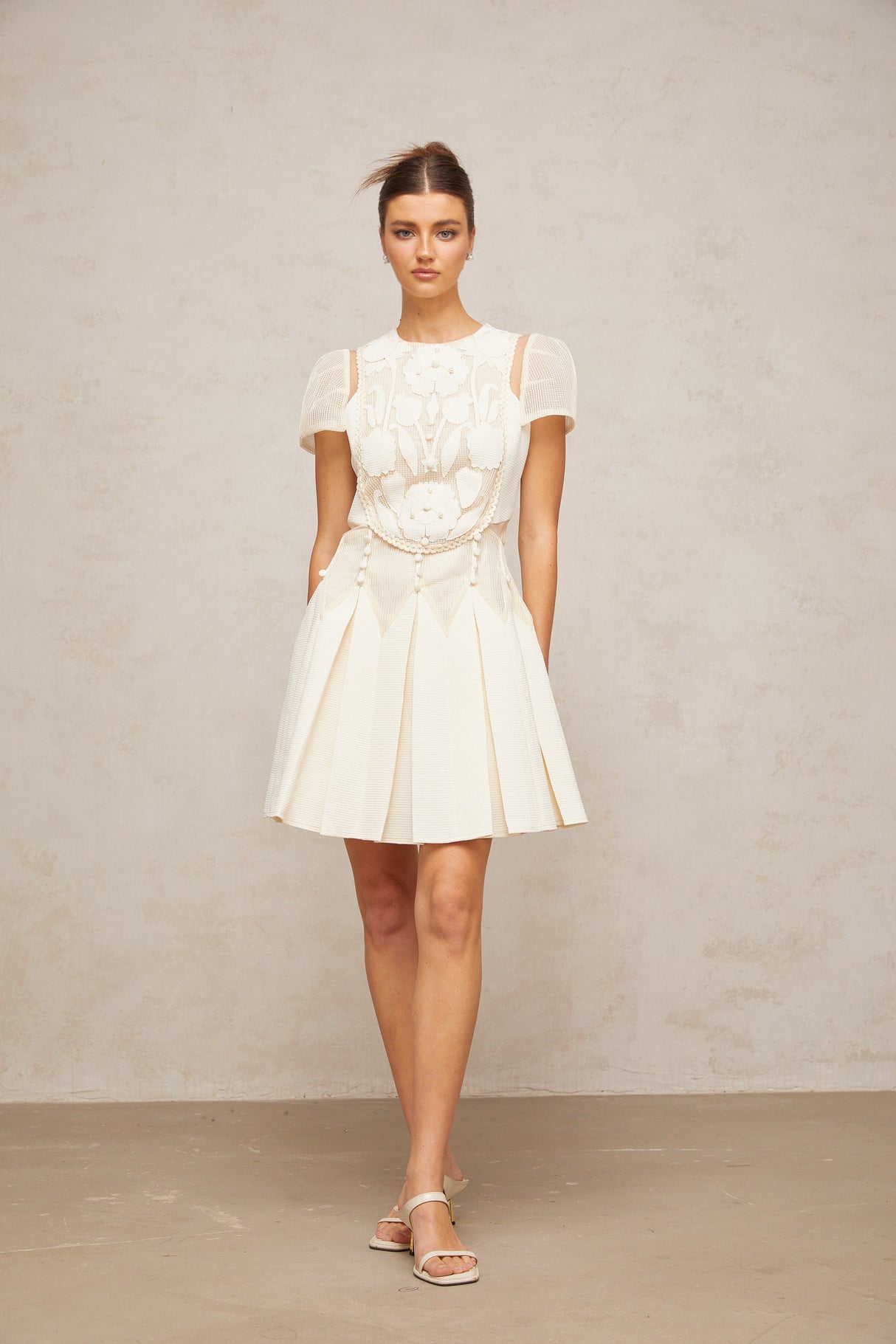 Aurohaya Maelle white flower-embroidered mini dress
