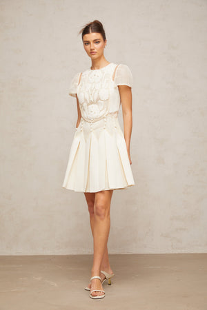 Aurohaya Maelle white flower-embroidered mini dress