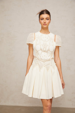 Aurohaya Maelle white flower-embroidered mini dress